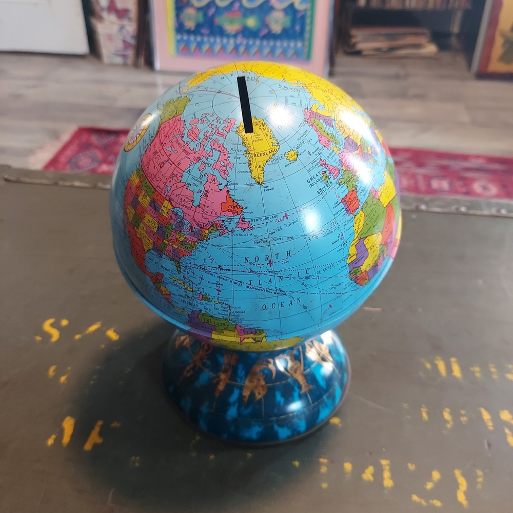 Vintage Ohio Art Co Tin Litho Globe Bank D-174 Zodiac Base Made in USA 7in